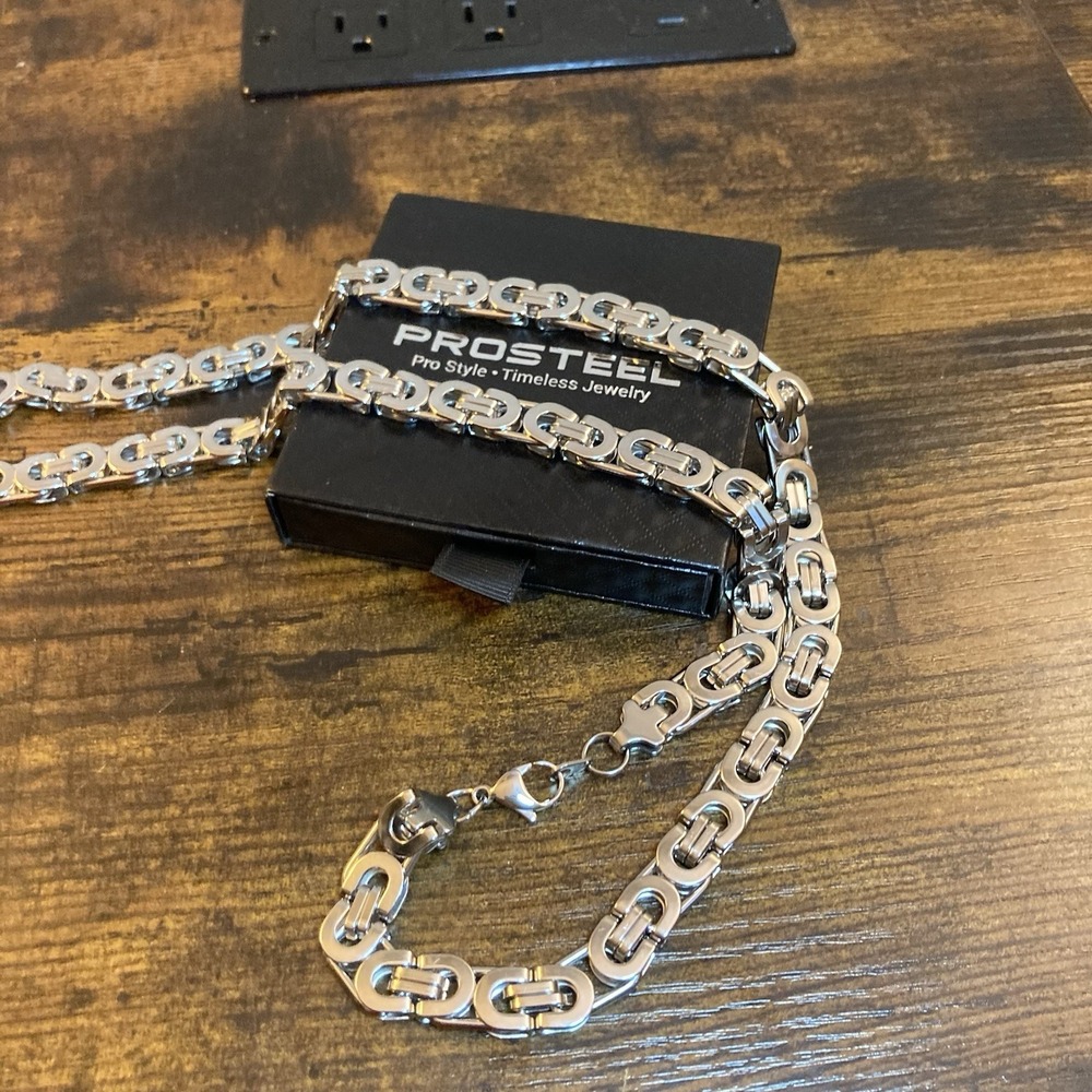 PROSTEEL Stainless Steel Byzantine Link Chain Necklace 29.5" 12mm SilverTone Men
